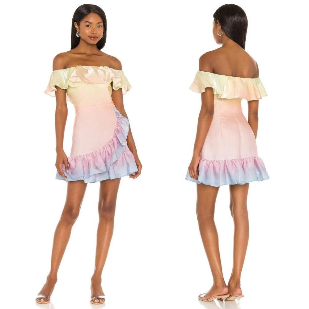 Yumi Kim Pastel Ombre Off-Shoulder Ruffle Mini Dress (Yellow, Pink, Blue)